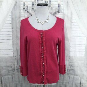 WHBM Large Solid Pink Clasp Cardigan Sweater Ruffle Round Neck 3/4 Sleeve